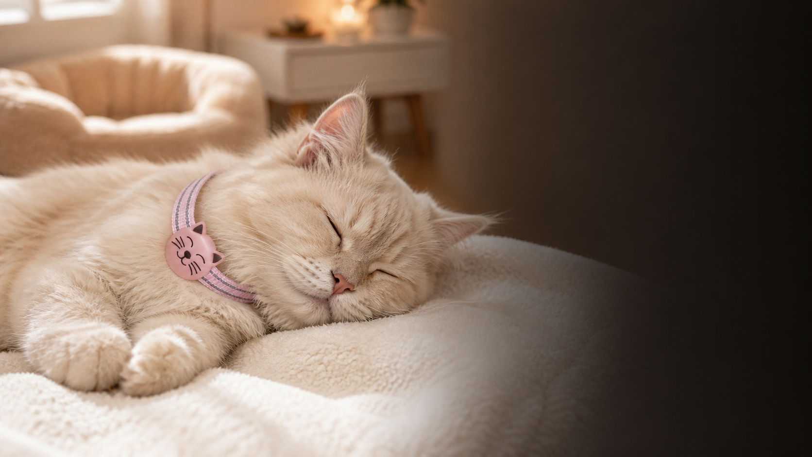 Generated sixteen by nine banner of a light long-haired cat sleeping comfortably while wearing the front-mounted smart pet tracker collar