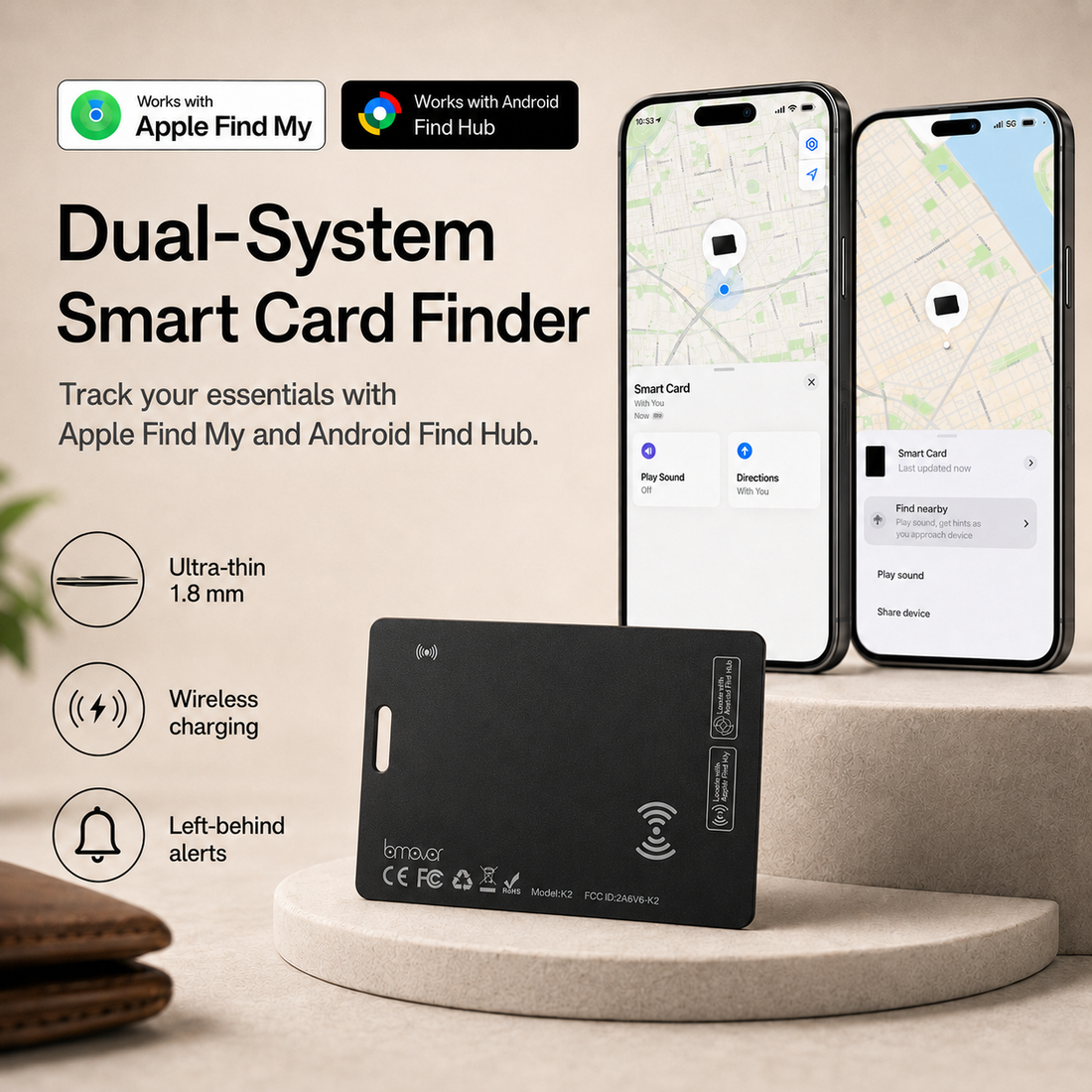 Dual-system smart card finder working with Apple Find My and Google Find Hub, ultra-thin 1.8 mm design
