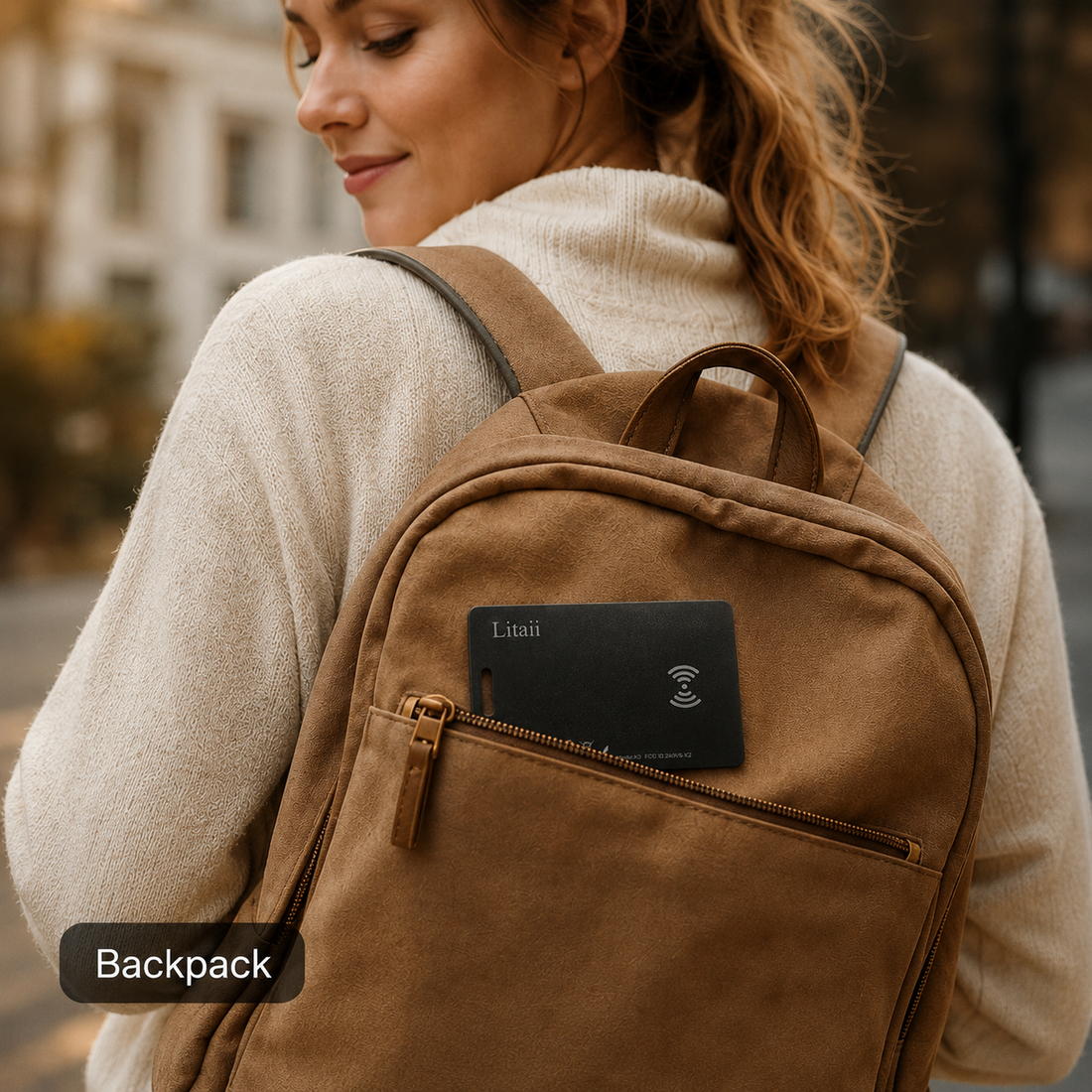 Woman wearing a tan backpack with the card finder in the front pocket