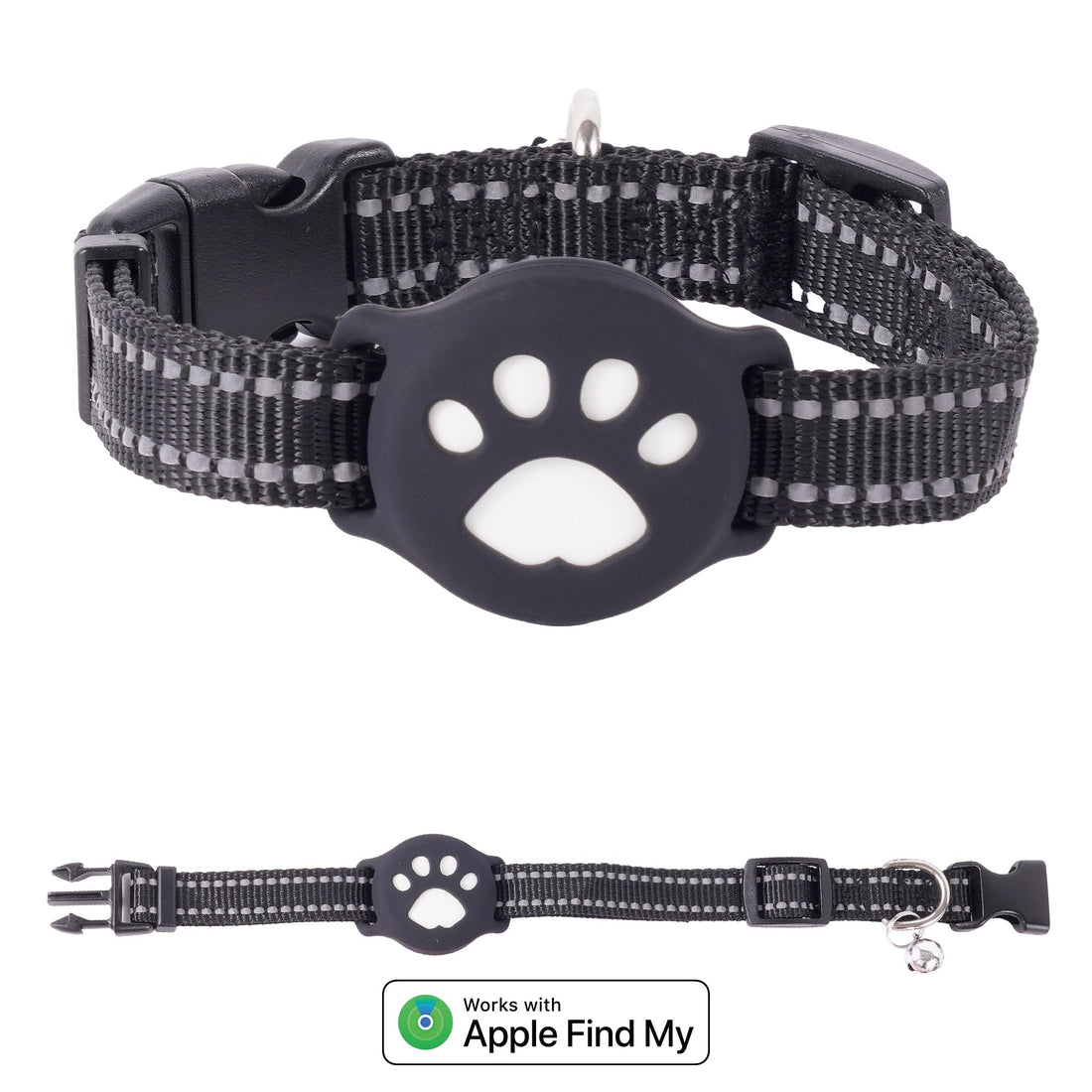 Black reflective dog collar with a white paw-shaped smart tag — an everyday-walk essential every new dog mom will actually use