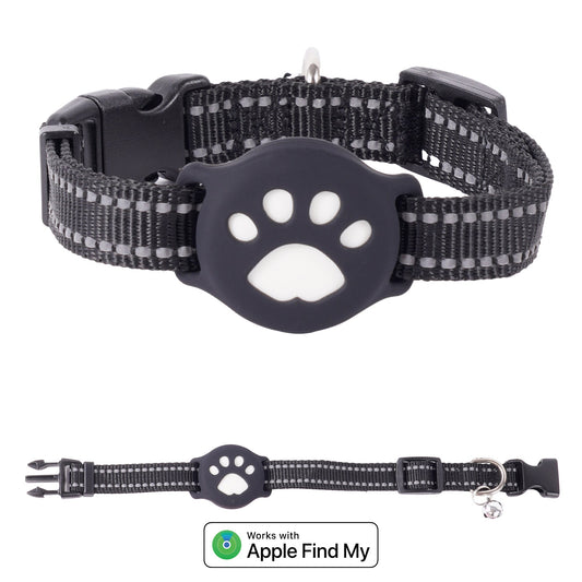 Black reflective dog collar with a white paw-shaped smart tag — an everyday-walk essential every new dog mom will actually use