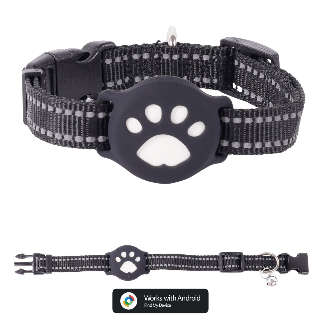 Black reflective dog collar with a paw-shaped tag that works with Android — a top no-monthly-fee collar tracker pick for dogs