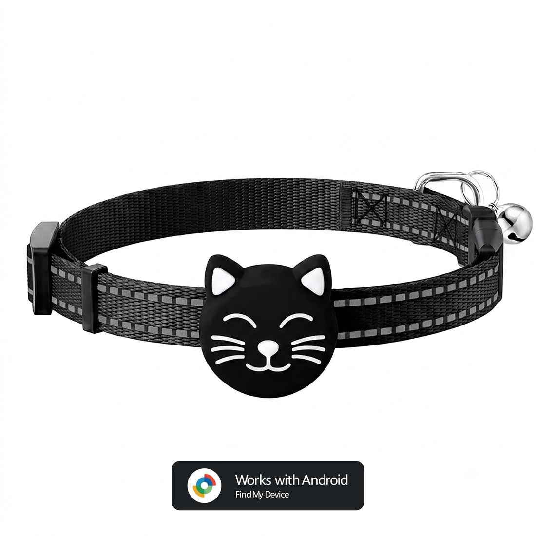 Black reflective dog collar with a white paw-shaped tag that works with Apple Find My — a practical under-$30 gift for dog moms