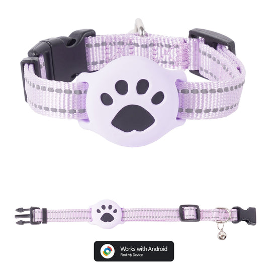Lavender reflective Joylink cat collar with paw-print tag and bell - works with Apple Find My