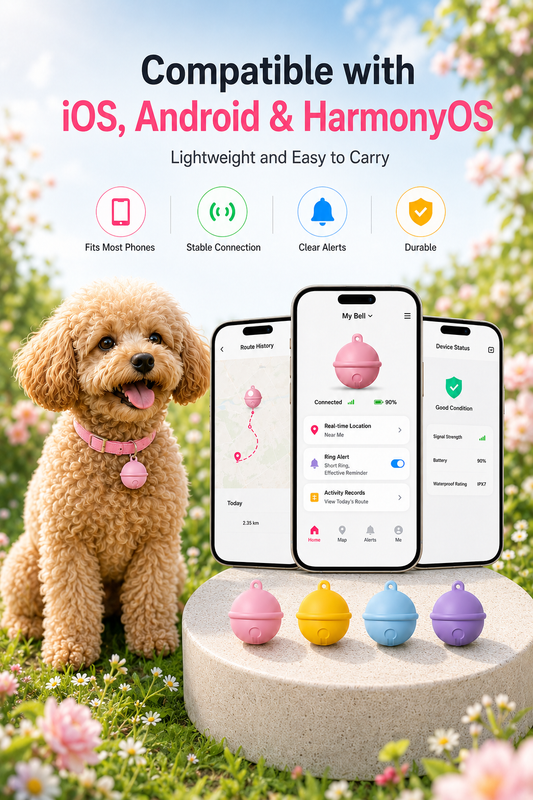 Small dog in a pink collar beside three smartphones showing one pet tracker app working across iOS, Android, and HarmonyOS — a no-monthly-fee tracker for any phone