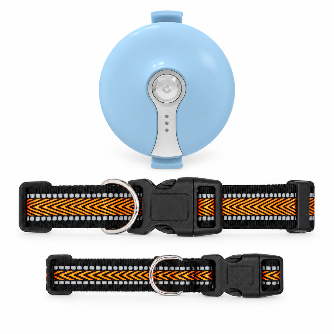 Navy round tracker with two orange reflective dog collars