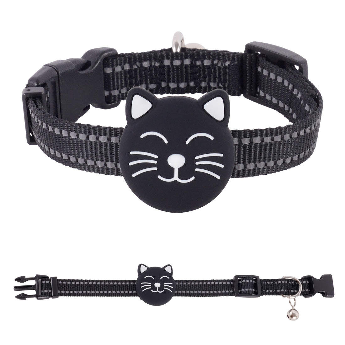 Black cat collar with a glowing cat-face smart tag — reflective, lightweight gear to keep cats visible and safe on Halloween night