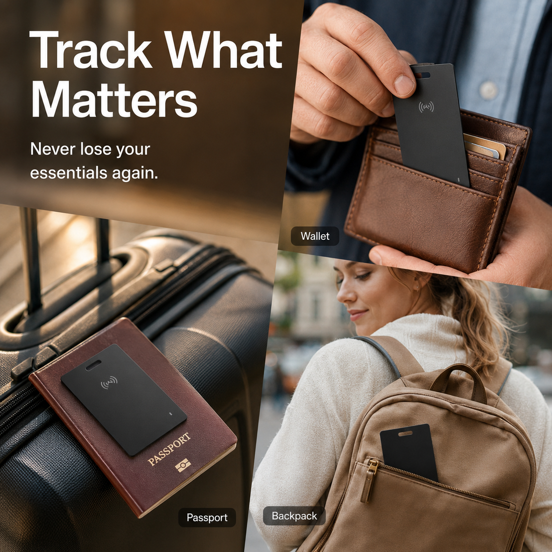 Joylink card finder placed in a wallet and passport holder — the buyer's-guide hero shot