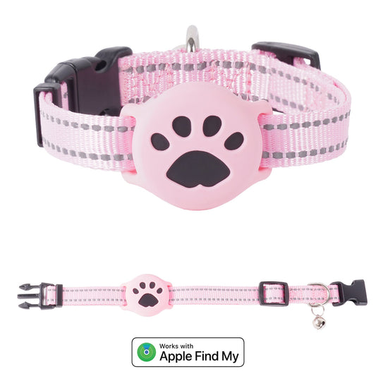 Pink reflective cat collar with a paw-shaped tag that works with Apple Find My — a lightweight cat collar tracker with no monthly fee