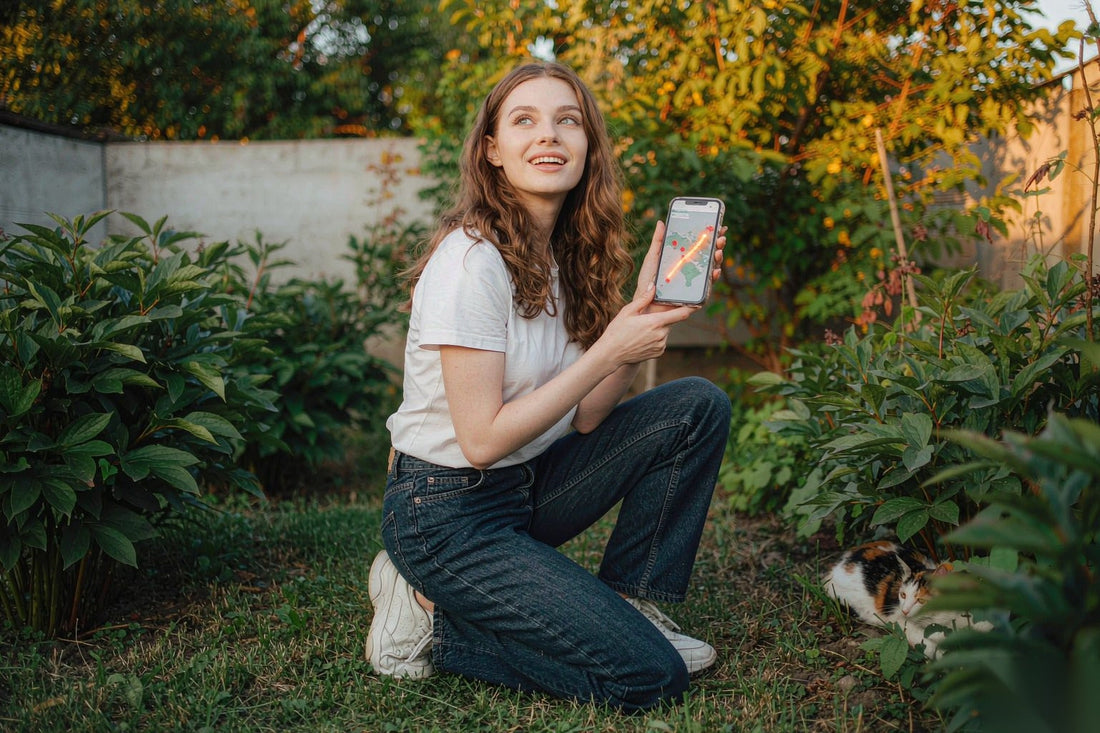 Woman kneeling in a garden checking the Find My app on her iPhone to locate her cat