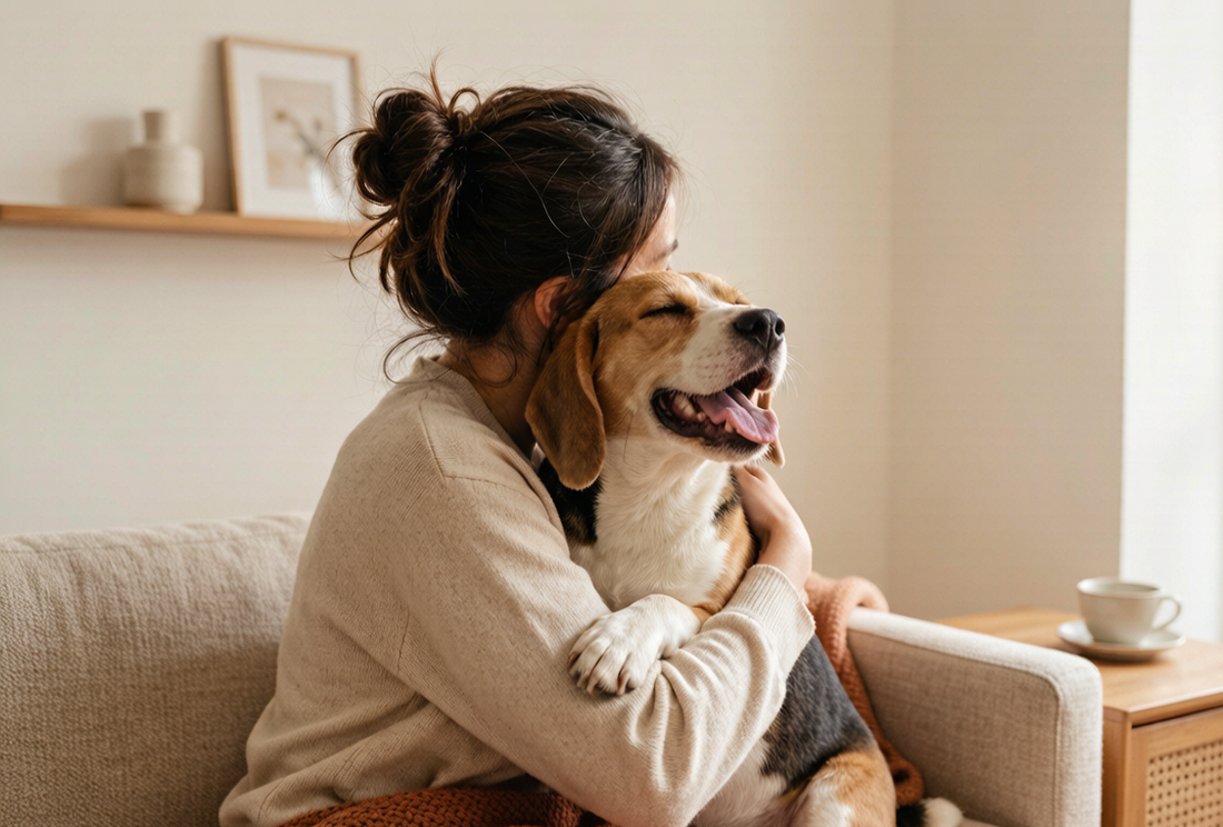 A woman hugging a happy beagle on the couch at home — the reunion every lost-dog story works toward