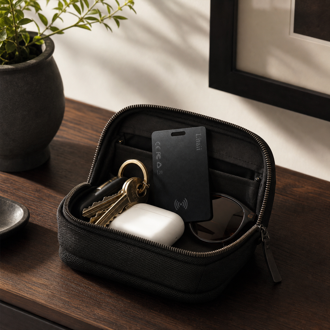 A road trip essentials flat lay on a car seat — sunglasses, a paper map, snacks and a small tracker tucked into a camera bag.