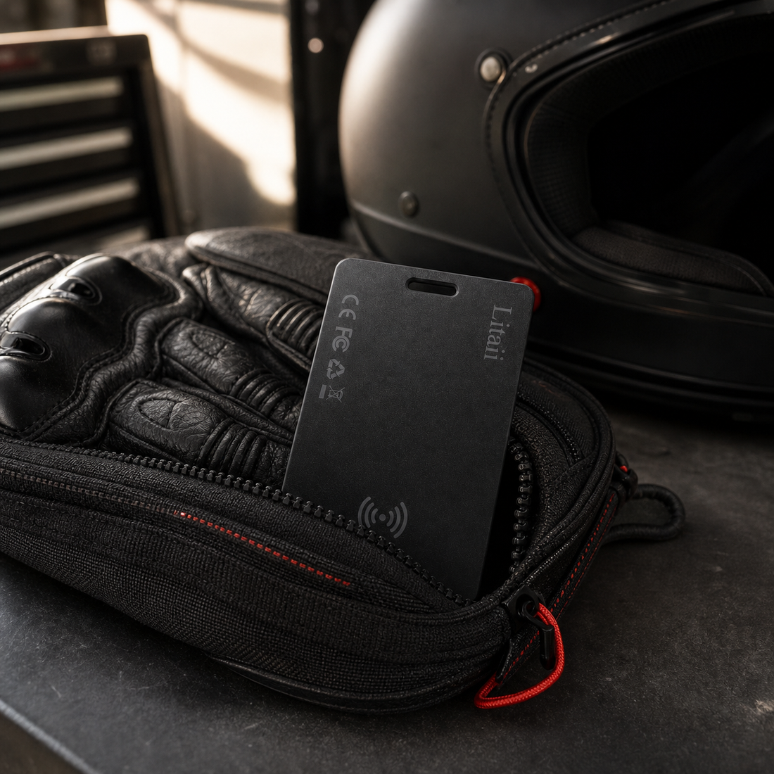 A bifold wallet opened flat on a counter showing card slots with a thin tracker card slipped into one of the pockets.