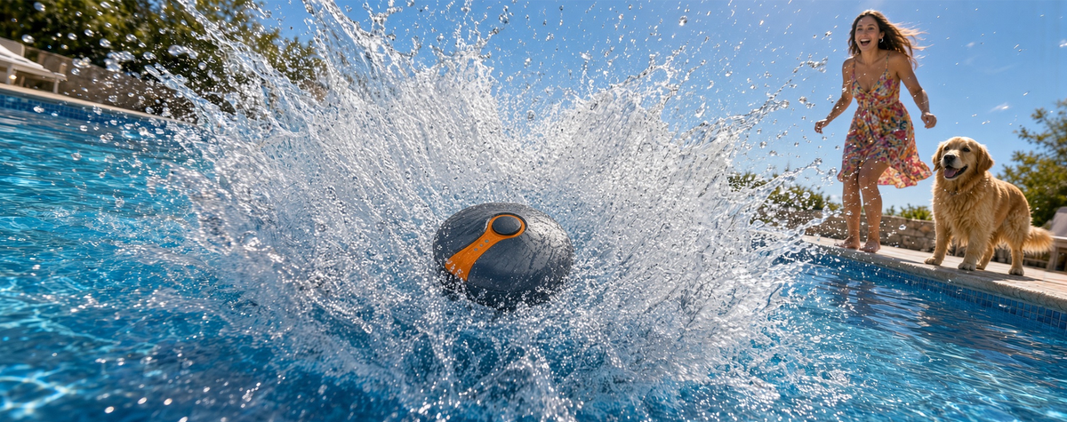 Joylink tracker splashing into pool water with dog nearby
