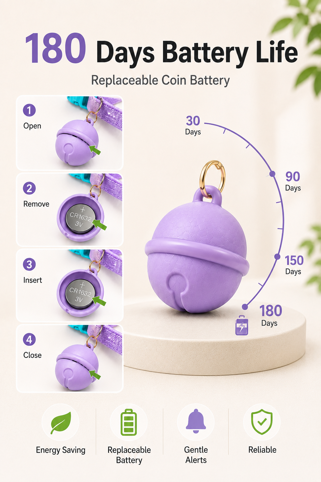 Rastreador de mascotas de batería de ultralarga duración con collar morado