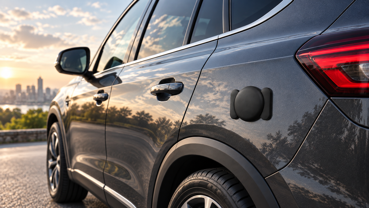 Black magnetic tracker attached to a hidden metal area of a car