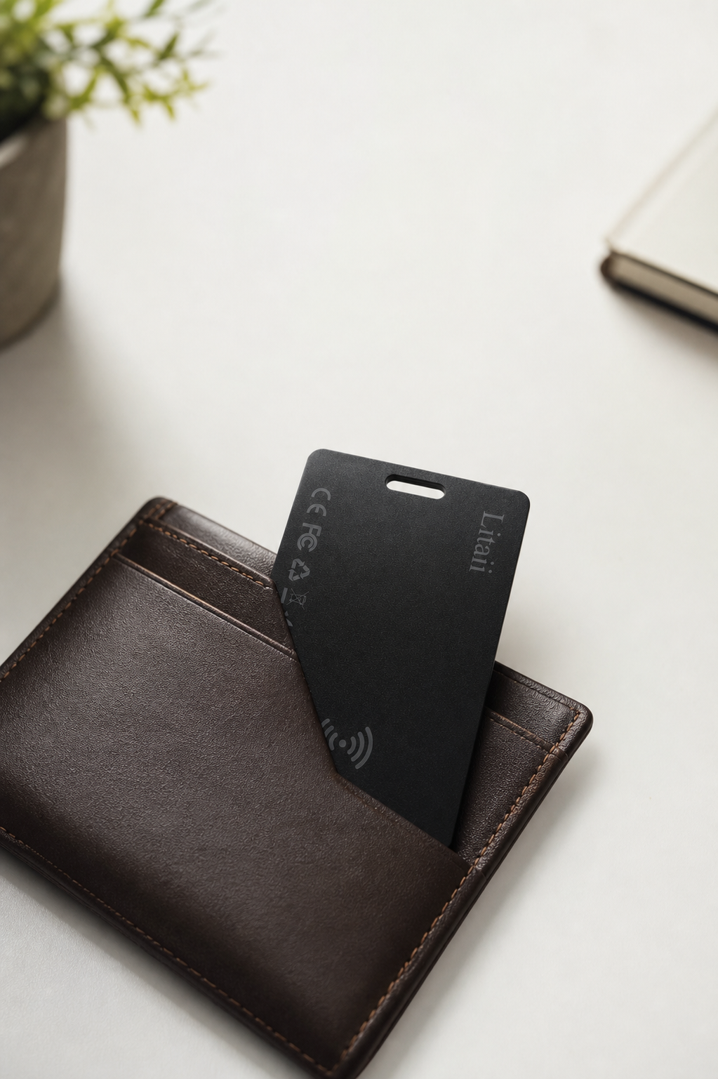 K2 tracking card sliding into a leather wallet