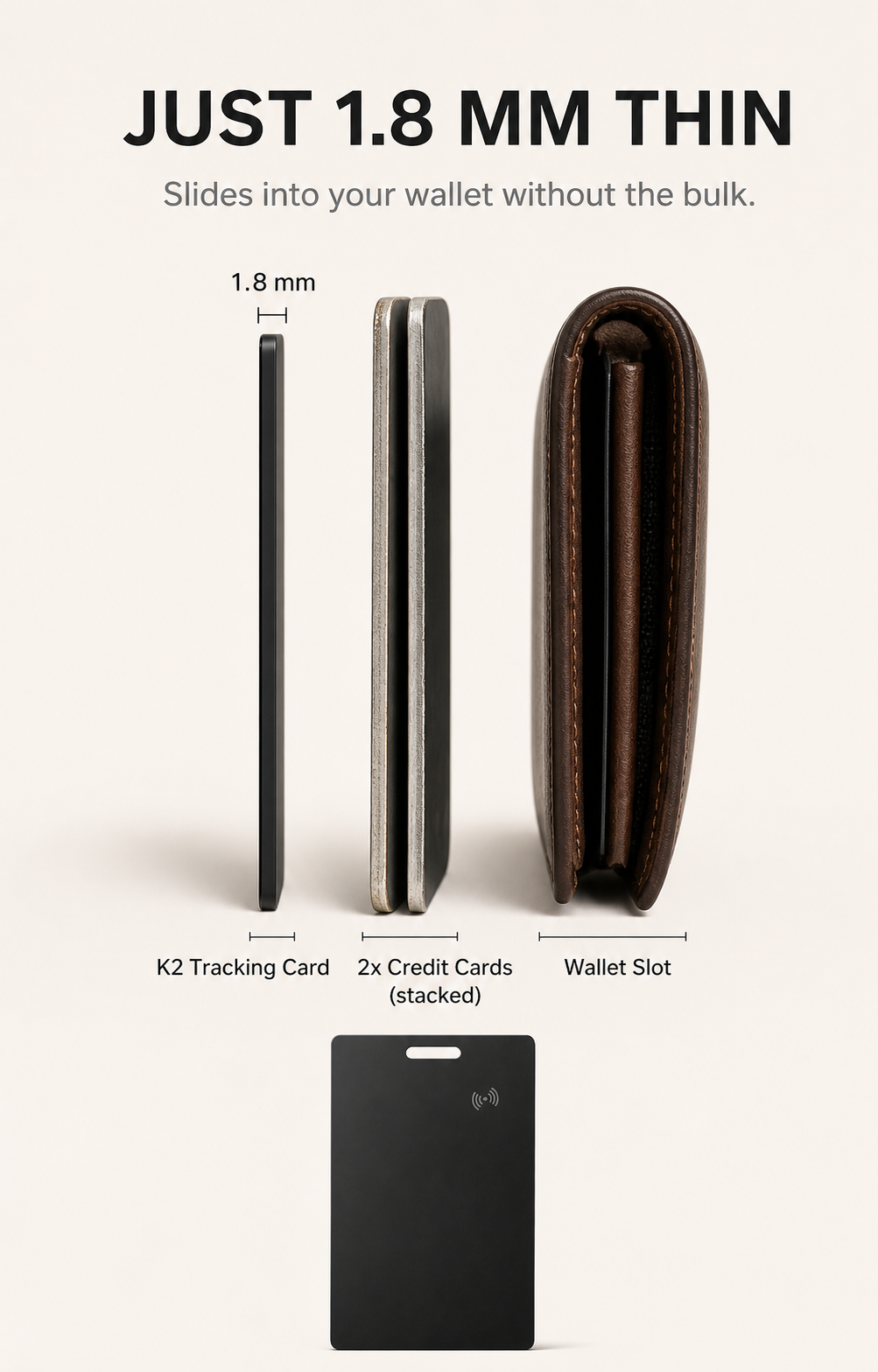 K2 tracking card dimensions and thin side profile