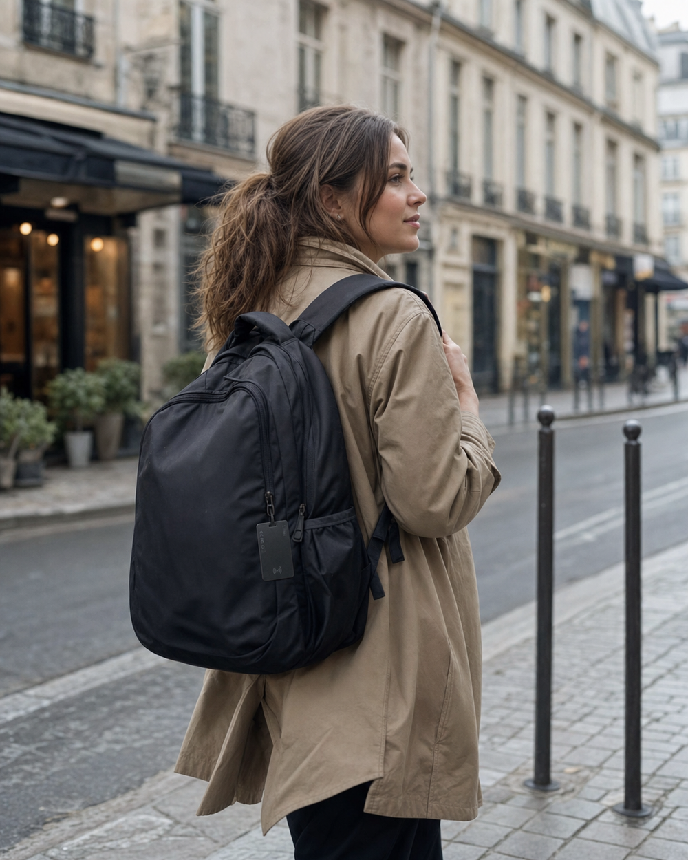 K2 tracking card attached by a cord to a backpack while walking