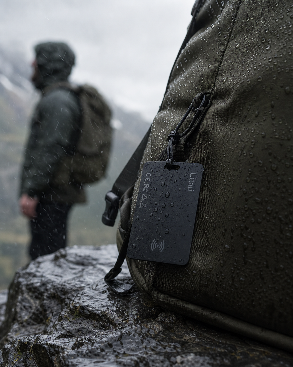Water droplets on a K2 tracking card attached to a hiking backpack