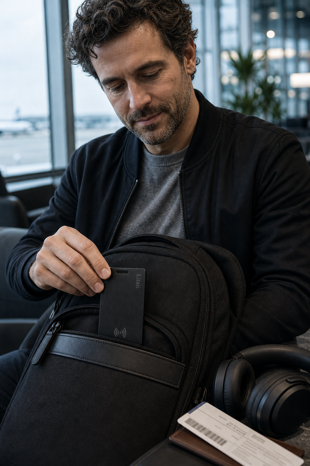 K2 tracking card in a travel backpack at an airport