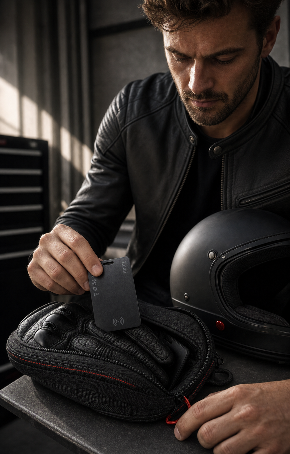 K2 tracking card in a motorcycle riding gear pouch