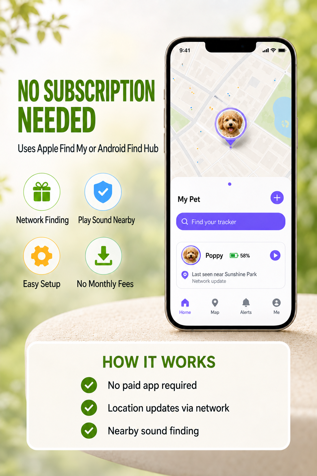 Joylink Pet Tracker with phone showing Find My location - Bluetooth pet tracker (view 2)
