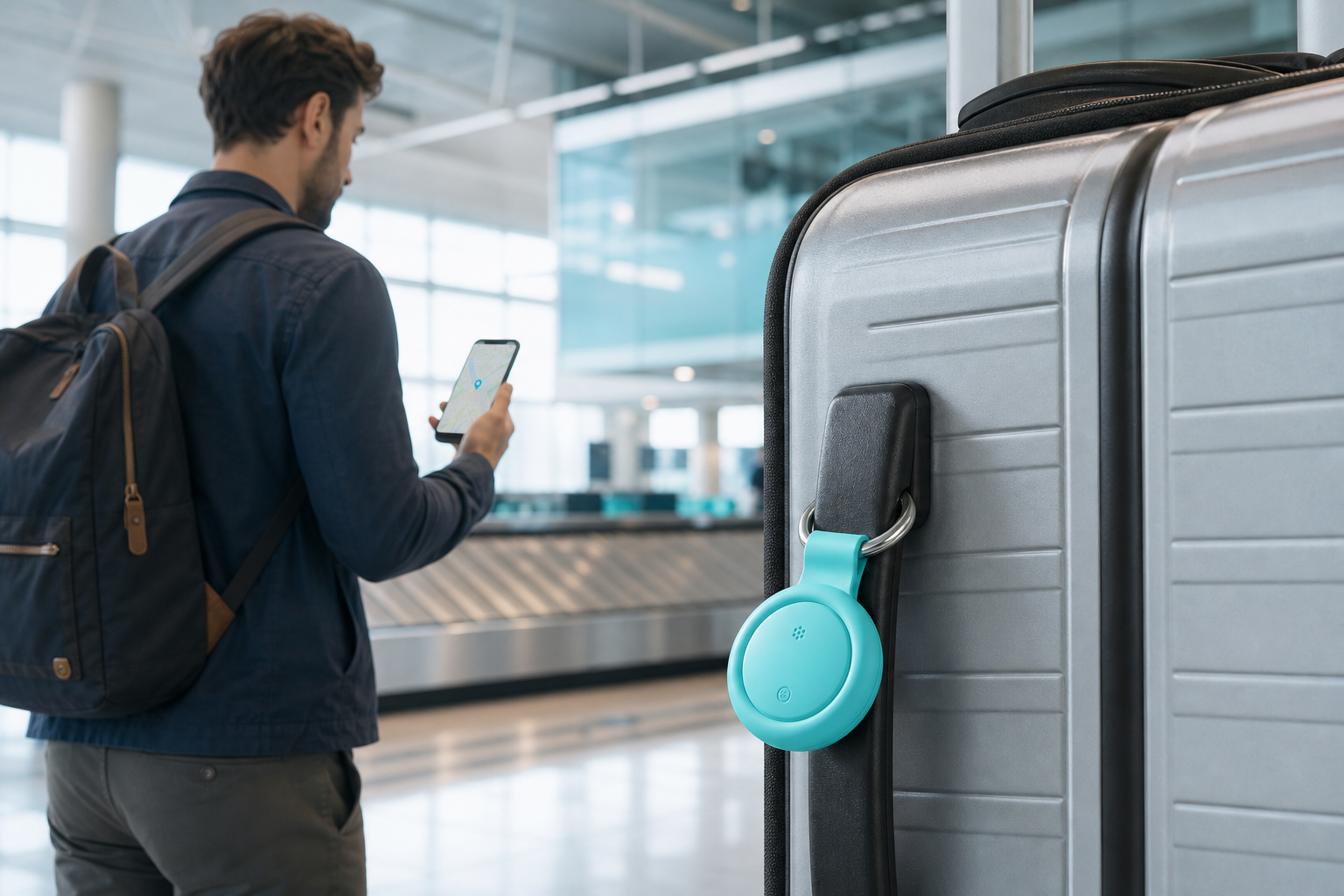 Round tracker attached to travel luggage