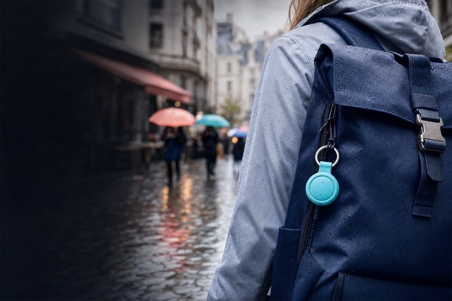 Turquoise round tracker clipped to a rain-covered backpack on a city street