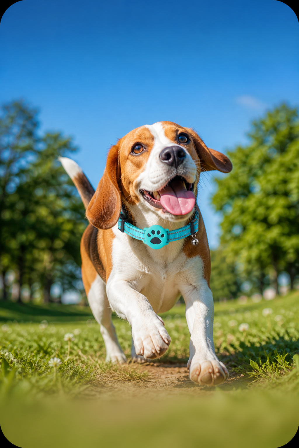 Generated outdoor image of a brown and white dog wearing the front-mounted smart pet collar tracker