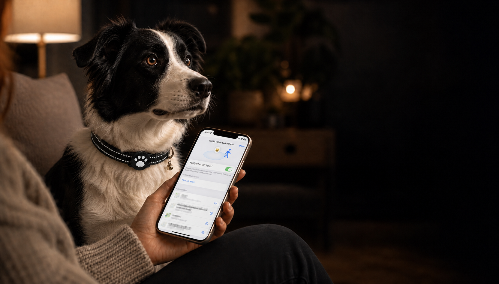 Generated sixteen by nine banner of a black and white dog wearing the front-mounted smart pet tracker collar beside a phone left-behind alert screen