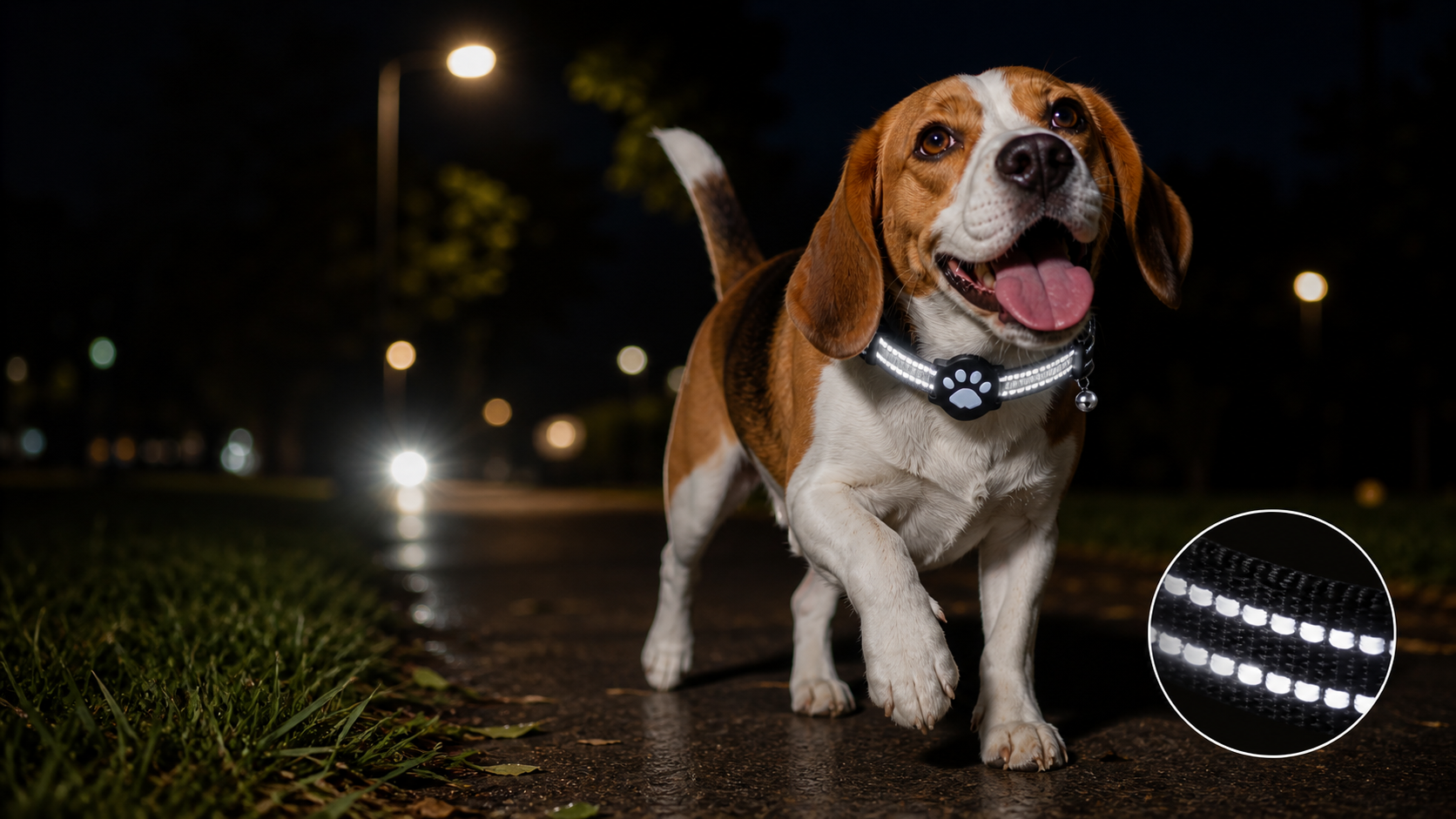 Generated sixteen by nine banner of a dog walking at night while wearing the front-mounted smart pet tracker collar with bright reflective stripe rows