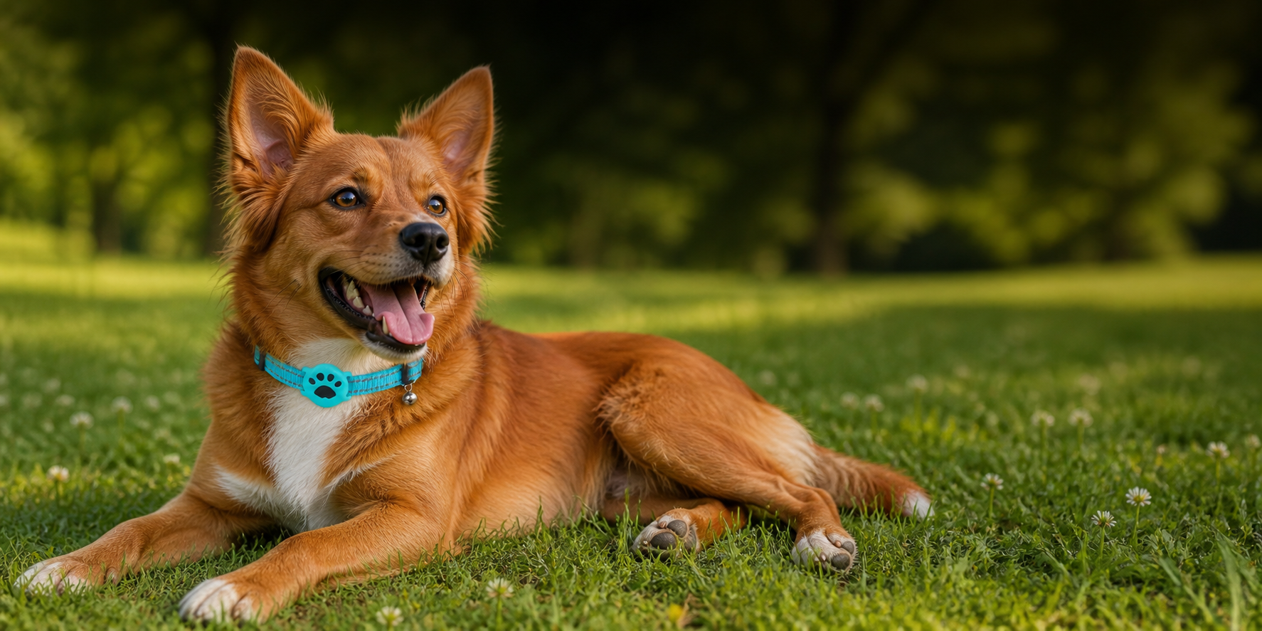 Generated outdoor banner showing a unique reddish dog wearing the front-mounted smart pet collar tracker