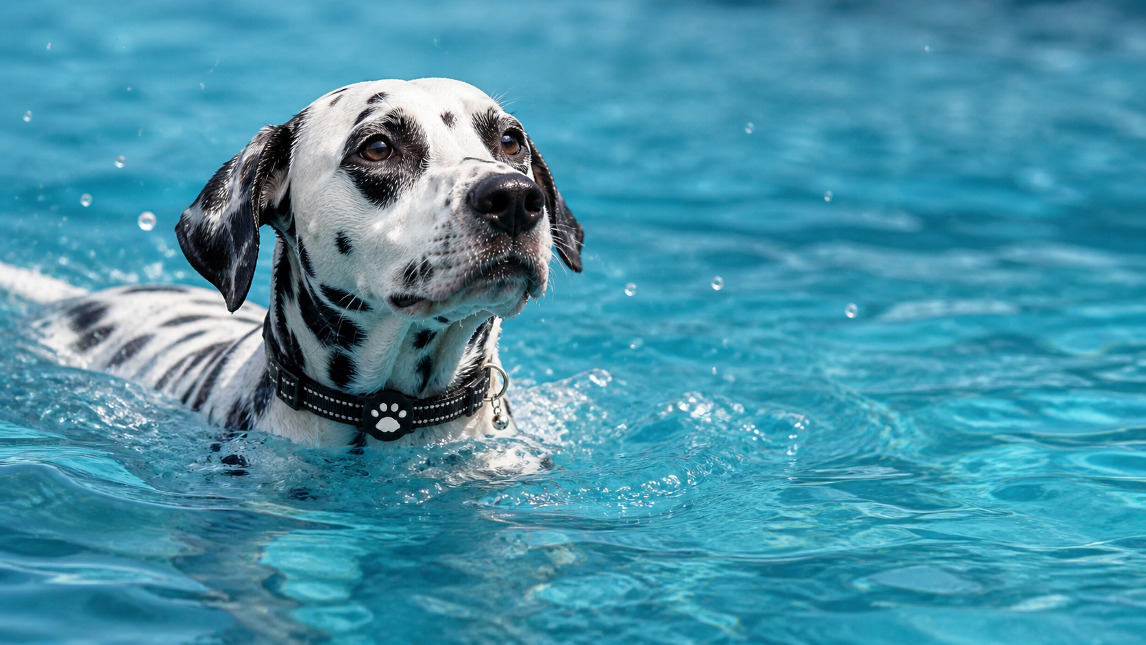 Generated sixteen by nine banner of a Dalmatian dog swimming while wearing the front-mounted smart pet tracker collar
