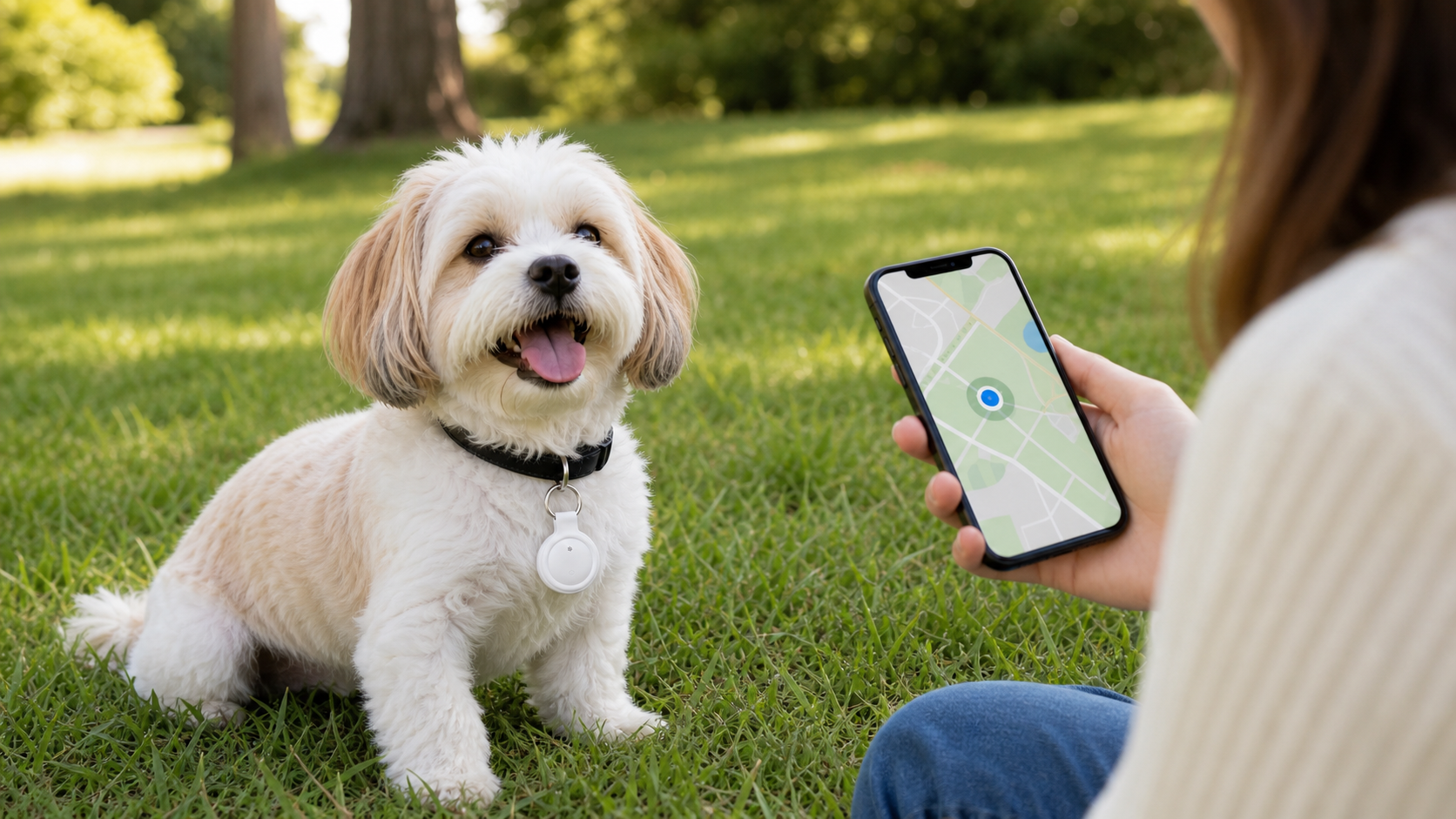 Kleiner Hund auf Gras, der einen runden Tracker trägt, während sein Besitzer den Standort auf einem Telefon überprüft